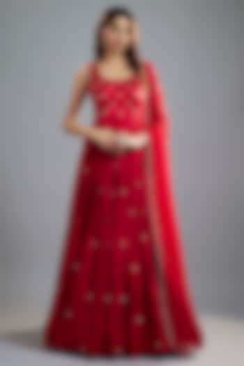 Red Raw Satin Bead Embroidered Anarkali Set by Ease