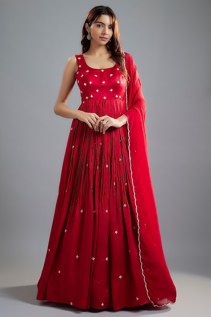 Red Raw Satin Bead Embroidered Anarkali Set by Ease