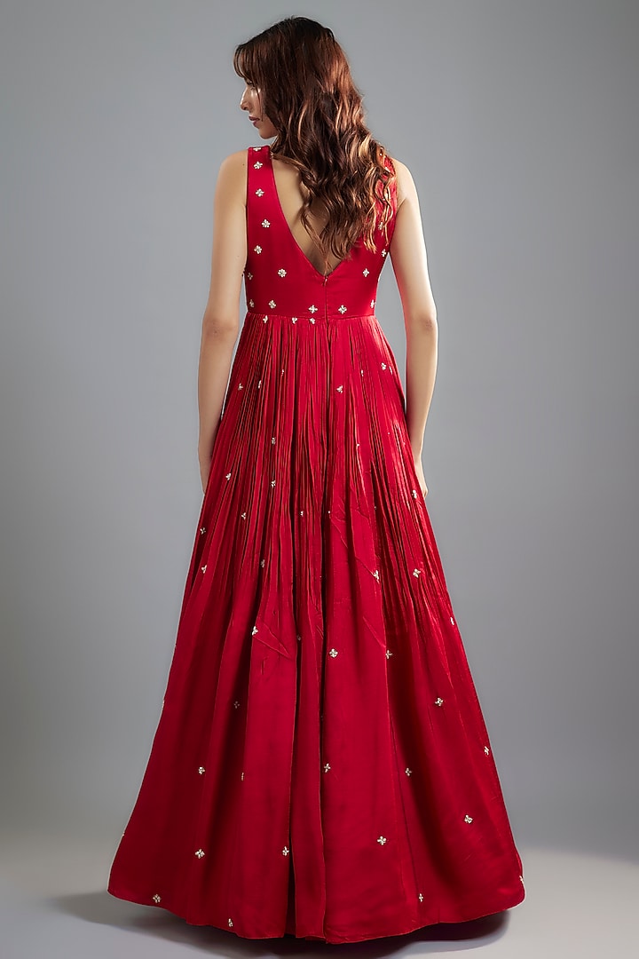 Red Raw Satin Bead Embroidered Wedding Anarkali Set by Ease at Pernia's Pop Up Shop