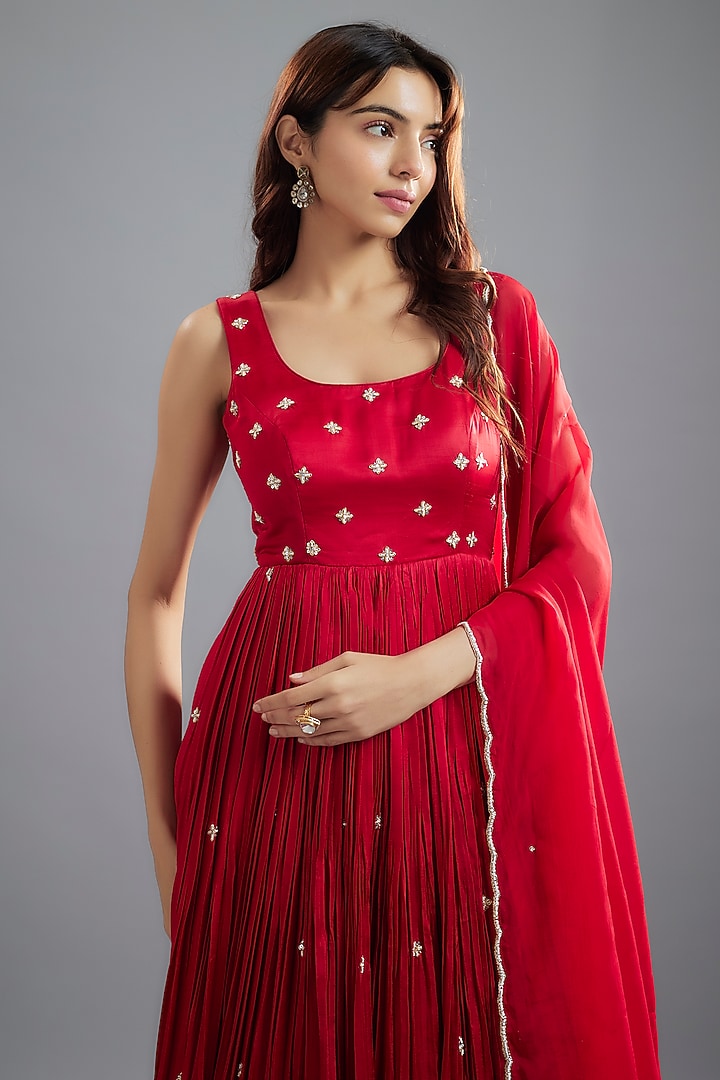 Red Raw Satin Bead Embroidered Wedding Anarkali Set by Ease at Pernia's Pop Up Shop