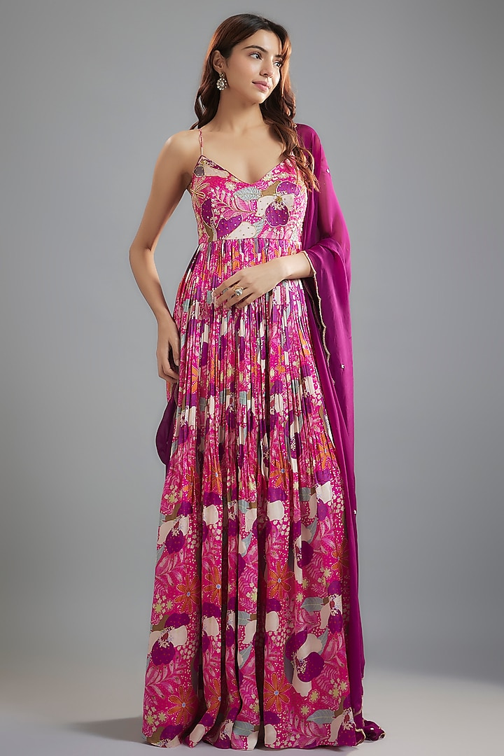 Pink-Purple Raw Satin Floral Printed & Cutdana Embroidered Anarkali Set by Ease