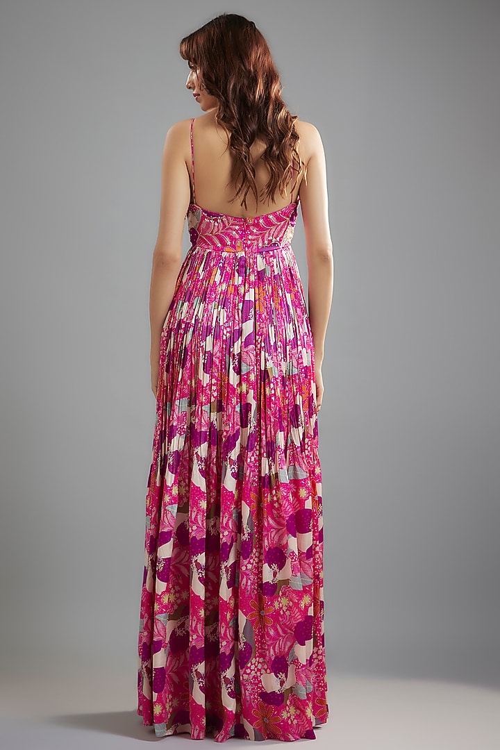 Pink-Purple Raw Satin Floral Printed & Cutdana Embroidered Party Wear Anarkali Set by Ease at Pernia's Pop Up Shop