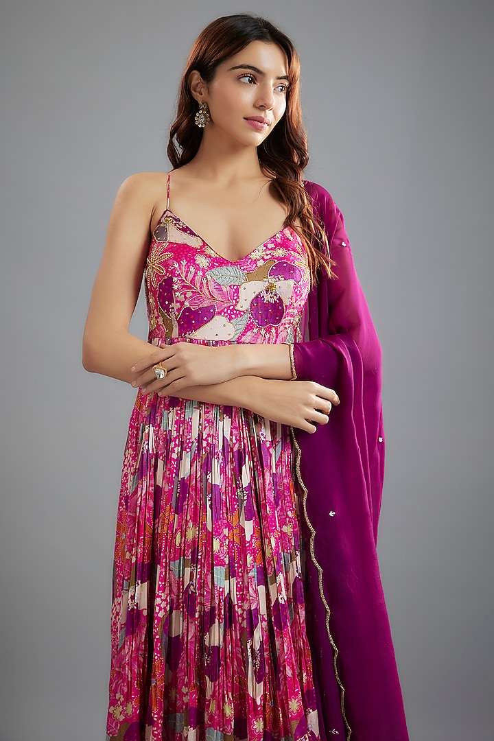 Pink-Purple Raw Satin Floral Printed & Cutdana Embroidered Party Wear Anarkali Set by Ease at Pernia's Pop Up Shop