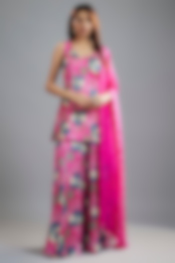 Pink Raw Satin Floral Printed & Cutdana Embroidered Short Kurta Set by Ease at Pernia's Pop Up Shop