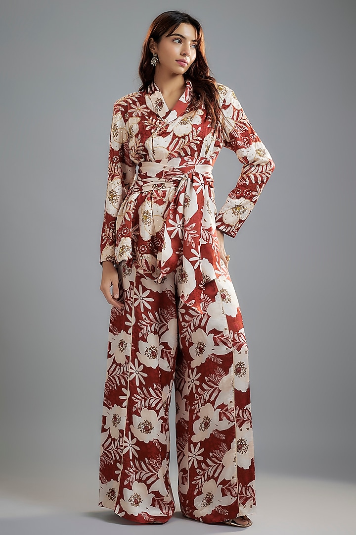 Maroon-White Raw Satin Floral Printed Co-Ord Set by Ease