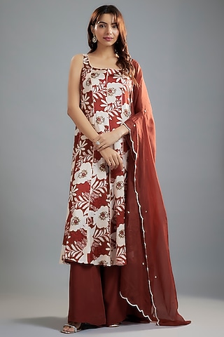 Maroon-White Raw Satin Floral Printed Anarkali Set by Ease