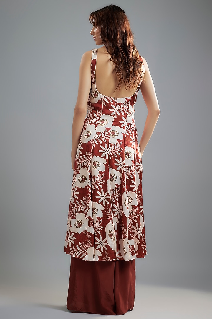 Maroon-White Raw Satin Floral Printed Party Wear Anarkali Set by Ease at Pernia's Pop Up Shop