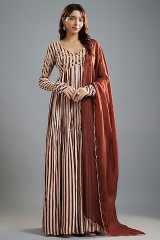 Maroon-White Pure Crepe Stripe Printed & Floral Jaal Embroidered Anarkali Set by Ease
