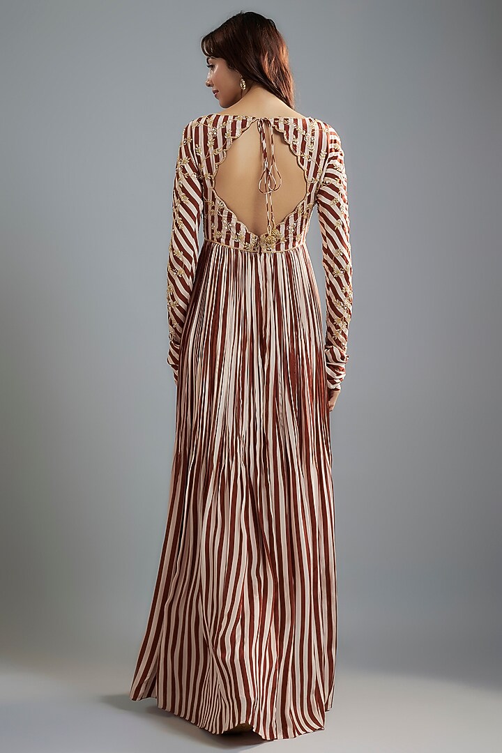 Maroon-White Pure Crepe Stripe Printed & Floral Jaal Embroidered Wedding Anarkali Set by Ease at Pernia's Pop Up Shop