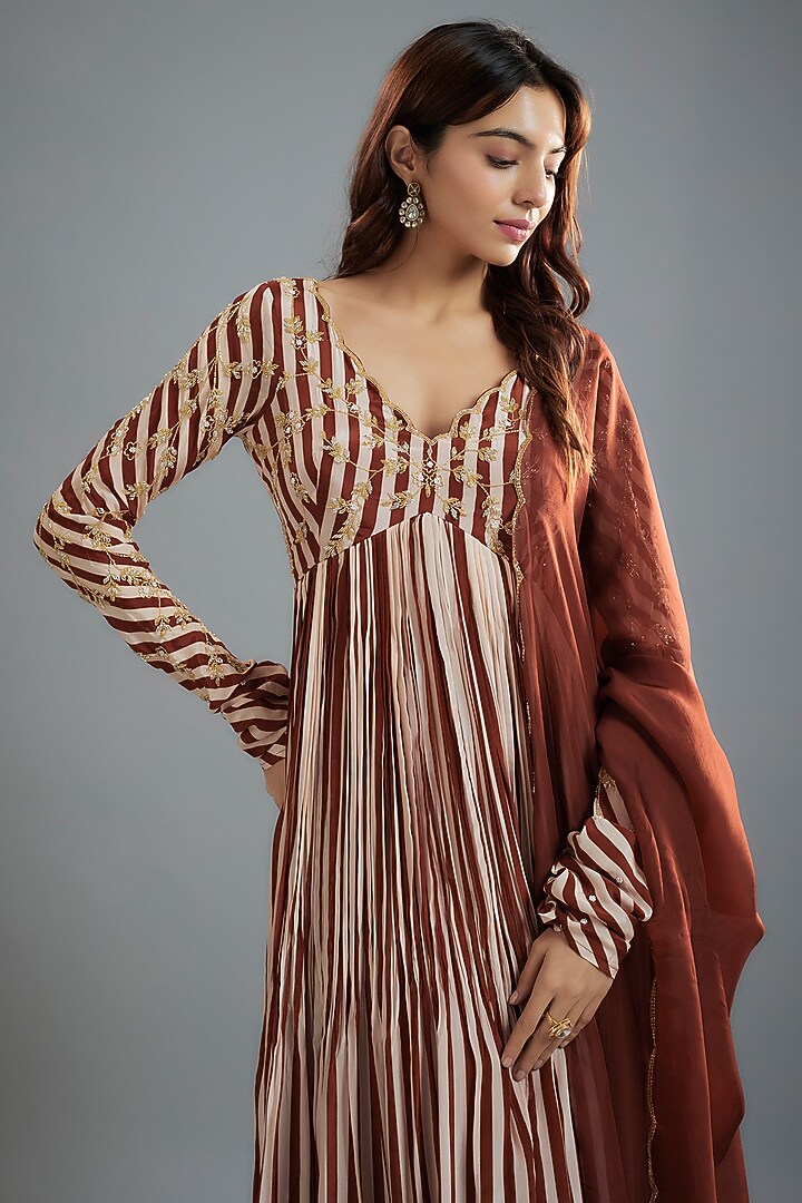 Maroon-White Pure Crepe Stripe Printed & Floral Jaal Embroidered Wedding Anarkali Set by Ease at Pernia's Pop Up Shop