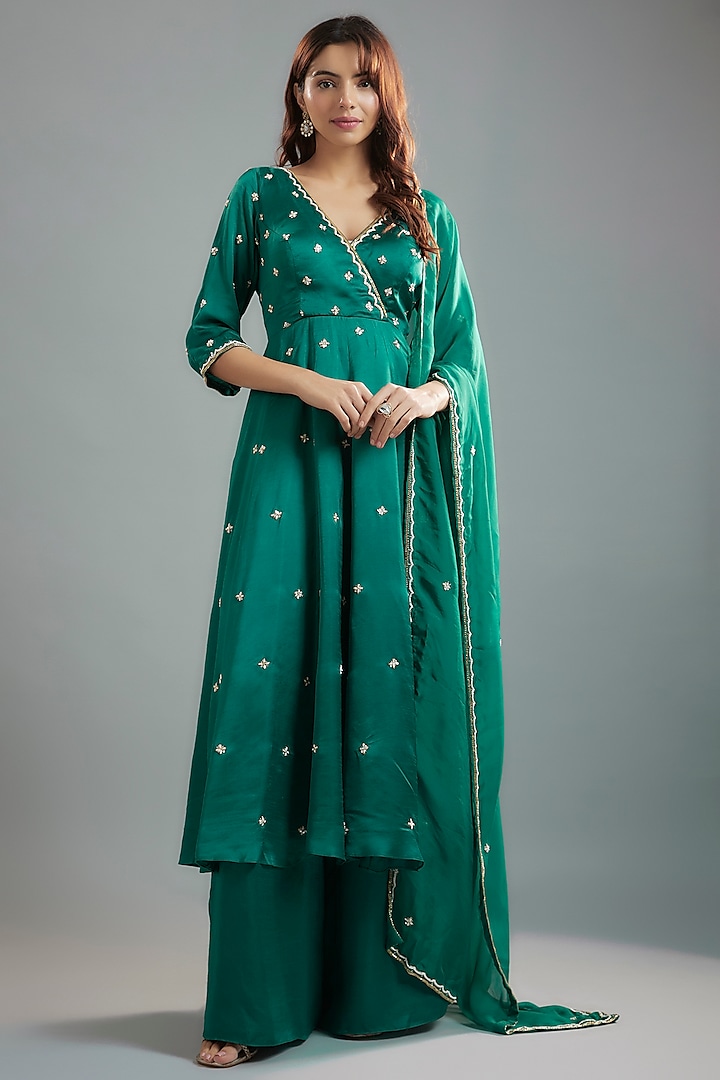 Green Raw Satin Boota Embroidered Overlap Kalidar Anarkali Set by Ease