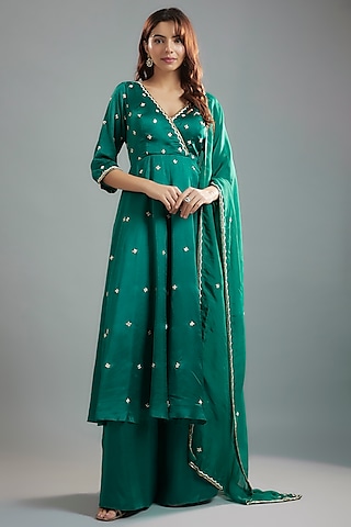 Green Raw Satin Boota Embroidered Overlap Kalidar Anarkali Set by Ease