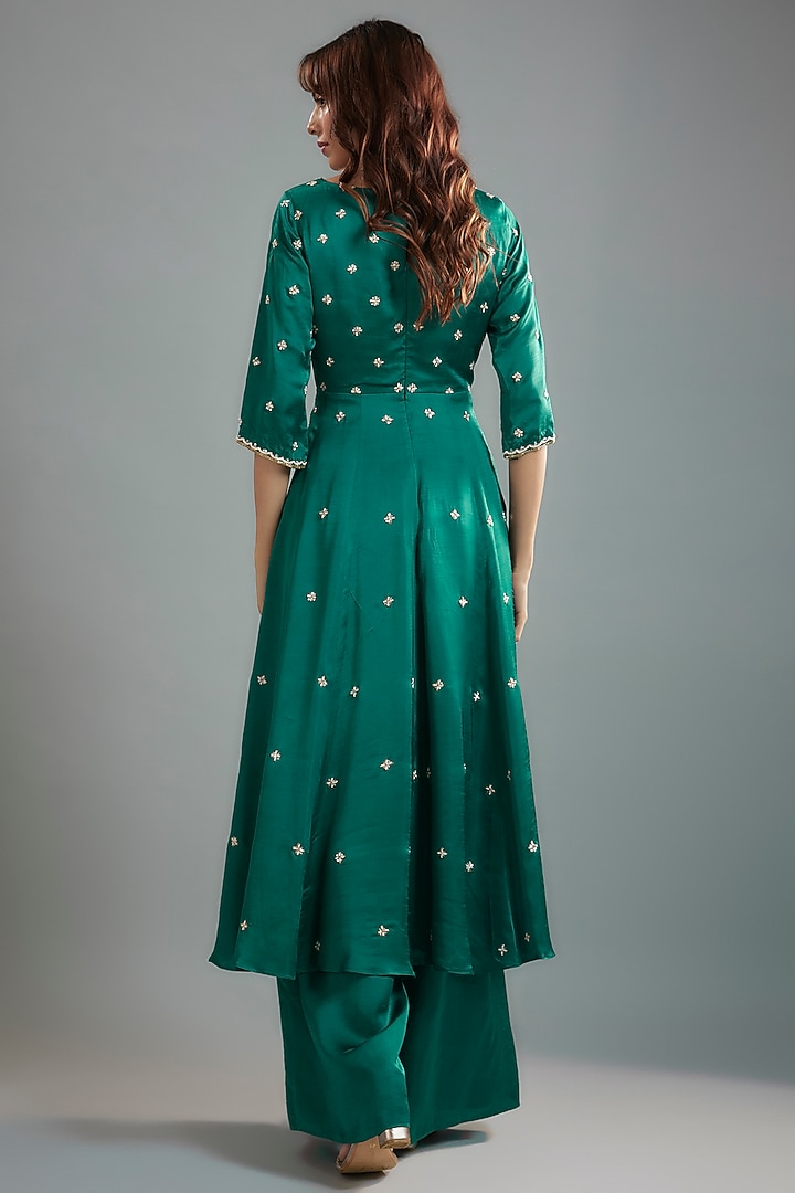 Green Raw Satin Boota Embroidered Overlap Kalidar Wedding Anarkali Set by Ease at Pernia's Pop Up Shop