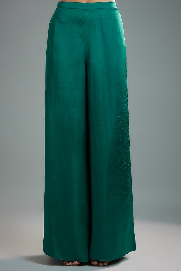 Green Raw Satin Boota Embroidered Overlap Kalidar Wedding Anarkali Set by Ease at Pernia's Pop Up Shop