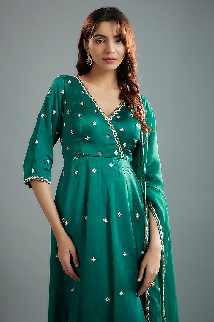 Green Raw Satin Boota Embroidered Overlap Kalidar Wedding Anarkali Set by Ease at Pernia's Pop Up Shop