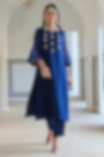 Royal Blue Viscose Organza Floral Embroidered Kurta Set by Ease at Pernia's Pop Up Shop