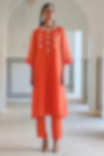 Orange Viscose Organza Floral Embroidered Kurta Set by Ease at Pernia's Pop Up Shop