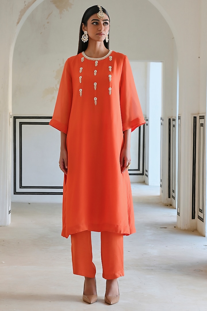Orange Viscose Organza Floral Embroidered Kurta Set by Ease at Pernia's Pop Up Shop