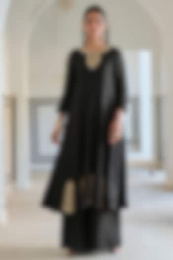 Black Silk Floral Embroidered Party Wear Anarkali Set by Ease at Pernia's Pop Up Shop