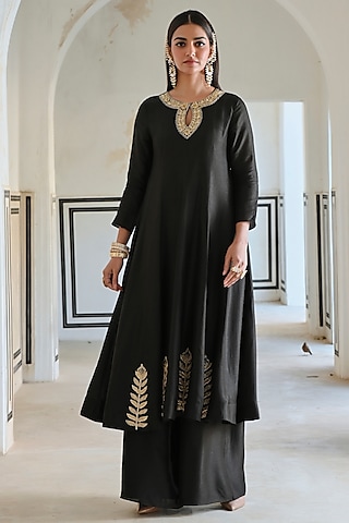 Black Silk Floral Embroidered Anarkali Set by Ease