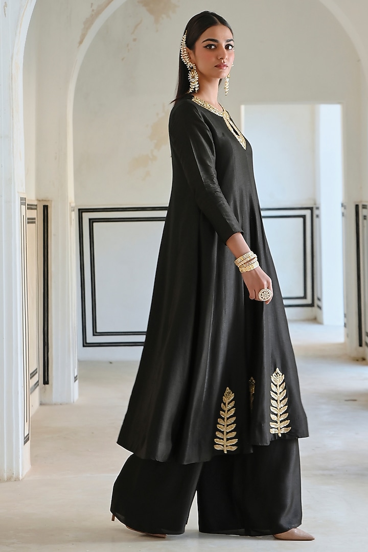 Black Silk Floral Embroidered Party Wear Anarkali Set by Ease at Pernia's Pop Up Shop