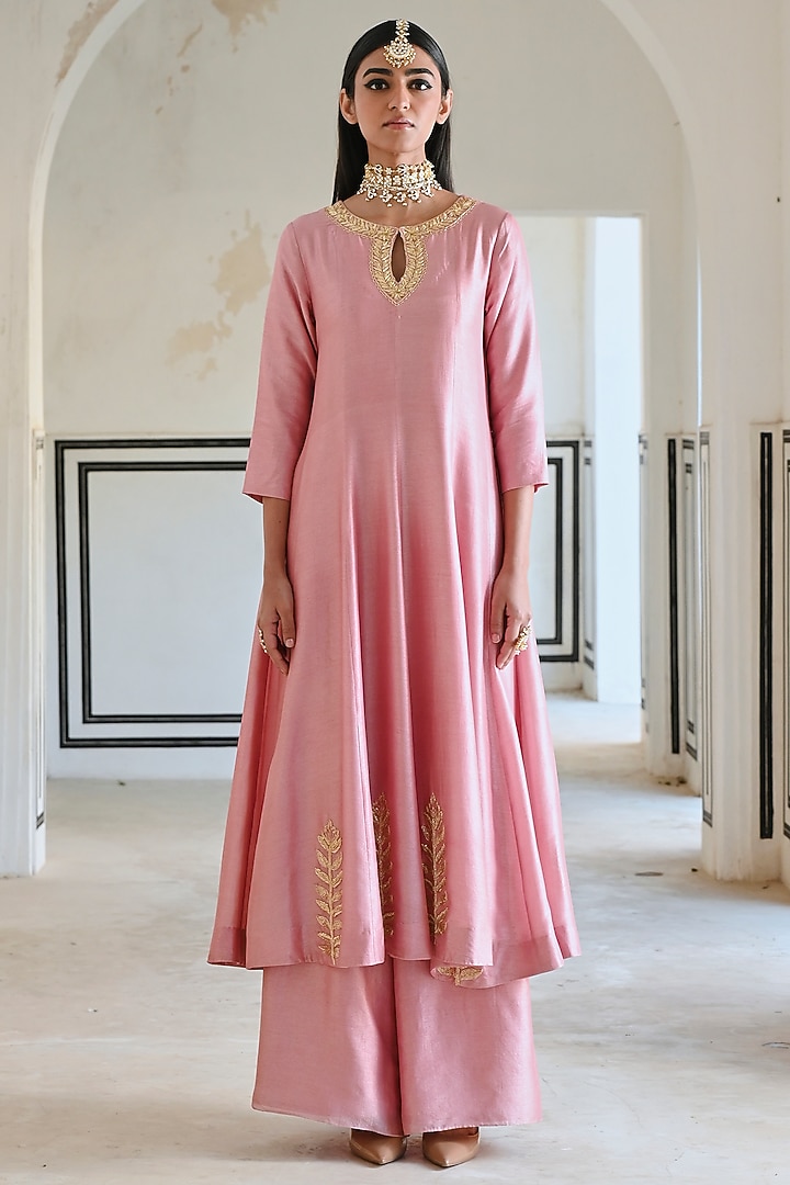 Mauve Pink Silk Floral Embroidered Party Wear Anarkali Set by Ease at Pernia's Pop Up Shop