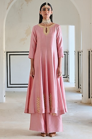 Mauve Pink Silk Floral Embroidered Anarkali Set by Ease