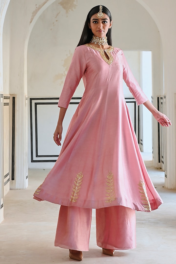 Mauve Pink Silk Floral Embroidered Party Wear Anarkali Set by Ease at Pernia's Pop Up Shop
