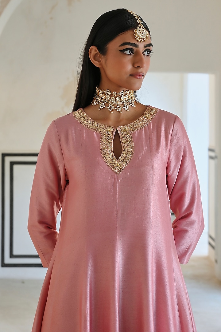Mauve Pink Silk Floral Embroidered Party Wear Anarkali Set by Ease at Pernia's Pop Up Shop