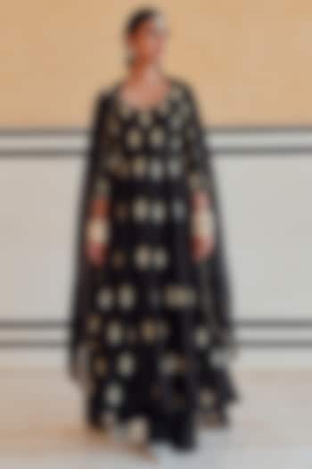 Black Silk Floral Embroidered Wedding Anarkali Set by Ease at Pernia's Pop Up Shop