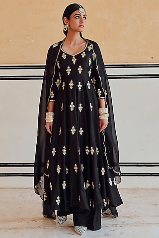 Black Silk Floral Embroidered Anarkali Set by Ease