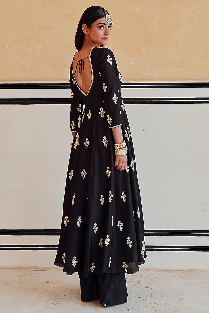 Black Silk Floral Embroidered Wedding Anarkali Set by Ease at Pernia's Pop Up Shop