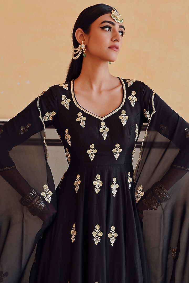 Black Silk Floral Embroidered Wedding Anarkali Set by Ease at Pernia's Pop Up Shop