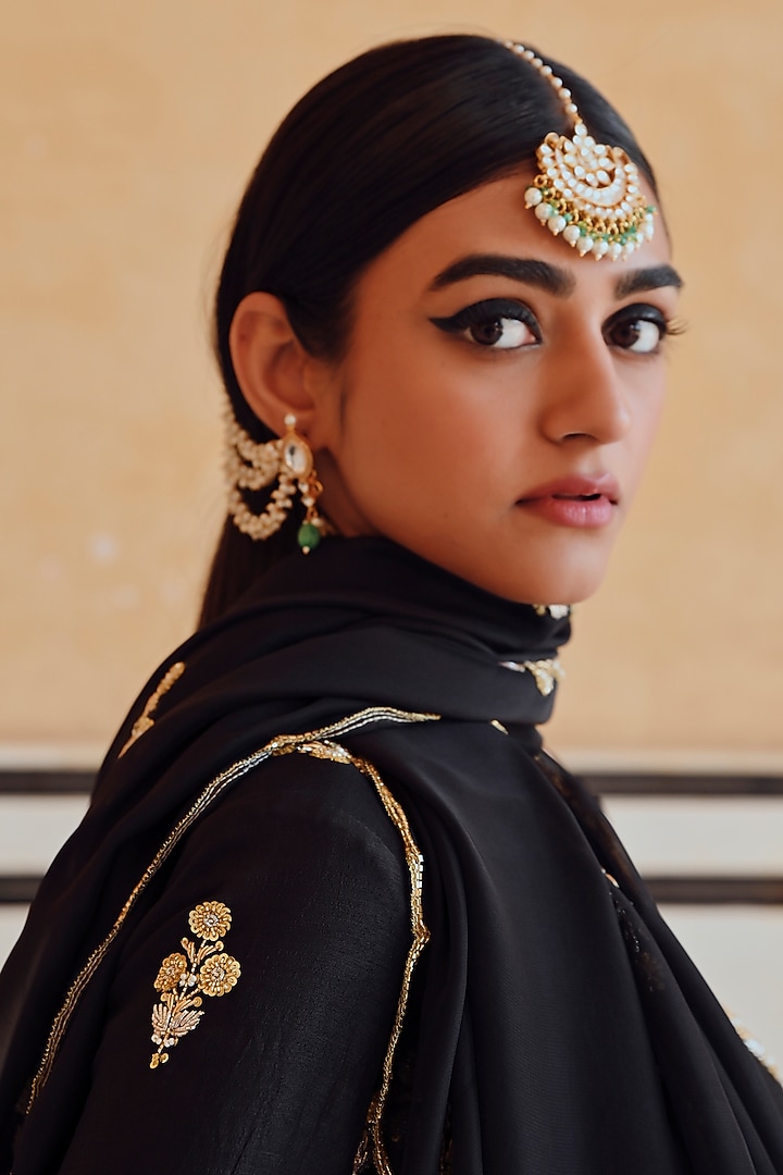 Black Silk Floral Embroidered Wedding Anarkali Set by Ease at Pernia's Pop Up Shop