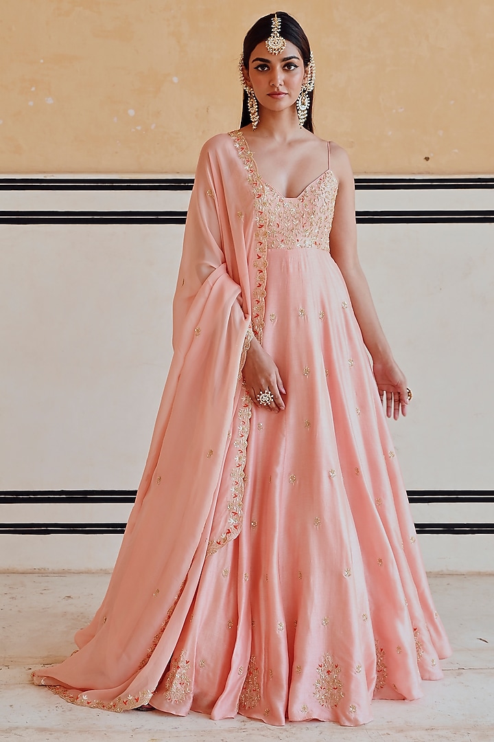 Peach Silk Floral Embroidered 16 Kali Wedding Anarkali Set by Ease at Pernia's Pop Up Shop