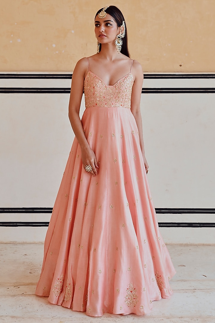 Peach Silk Floral Embroidered 16 Kali Wedding Anarkali Set by Ease at Pernia's Pop Up Shop