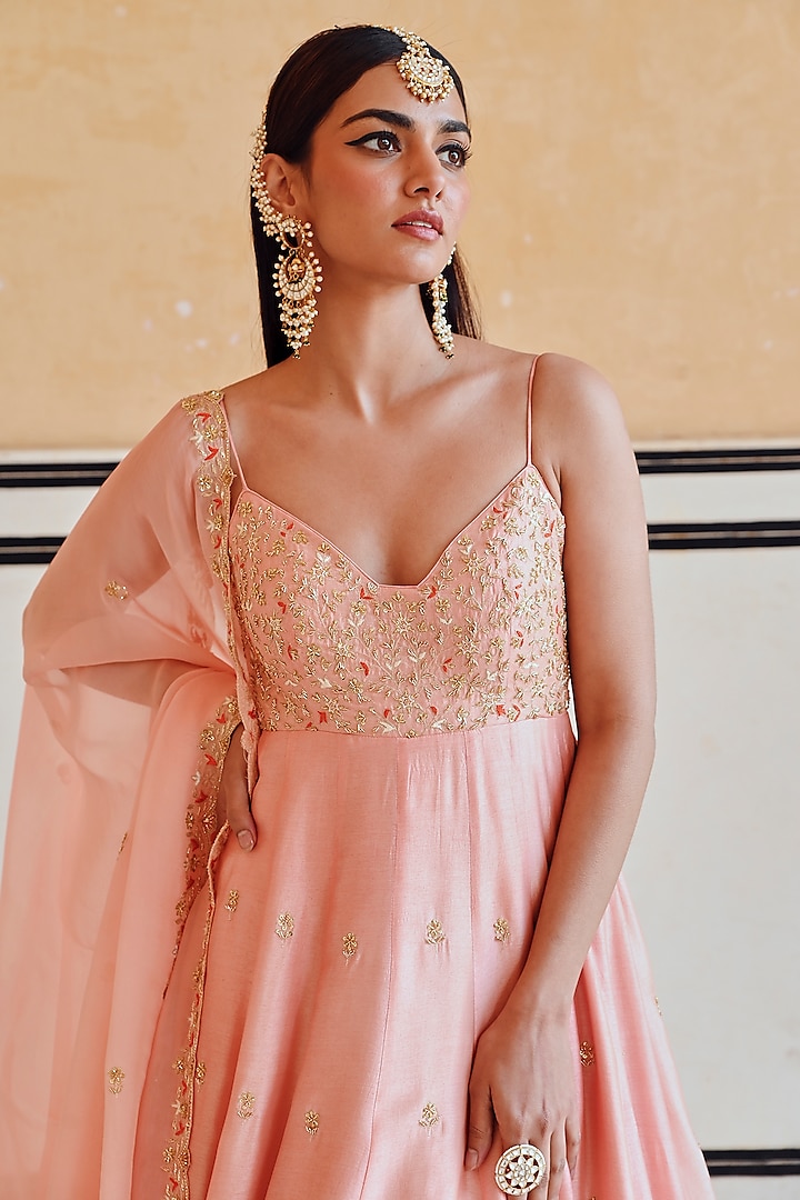 Peach Silk Floral Embroidered 16 Kali Wedding Anarkali Set by Ease at Pernia's Pop Up Shop