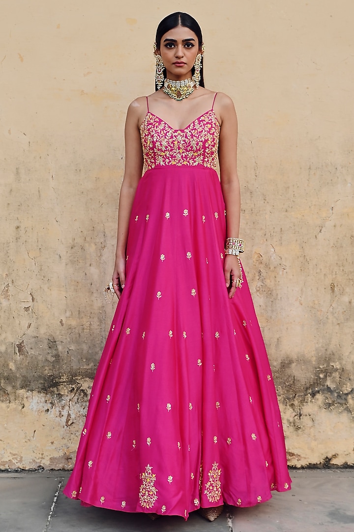 Hot Pink Silk Floral Embroidered 16 Kali Wedding Anarkali Set by Ease at Pernia's Pop Up Shop
