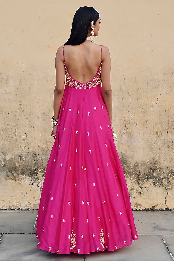 Hot Pink Silk Floral Embroidered 16 Kali Wedding Anarkali Set by Ease at Pernia's Pop Up Shop