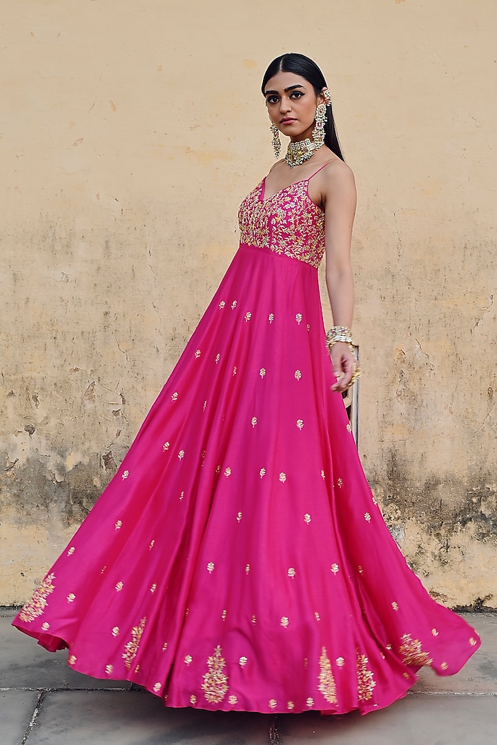 Hot Pink Silk Floral Embroidered 16 Kali Wedding Anarkali Set by Ease at Pernia's Pop Up Shop