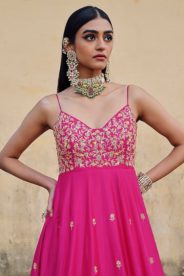 Hot Pink Silk Floral Embroidered 16 Kali Wedding Anarkali Set by Ease at Pernia's Pop Up Shop