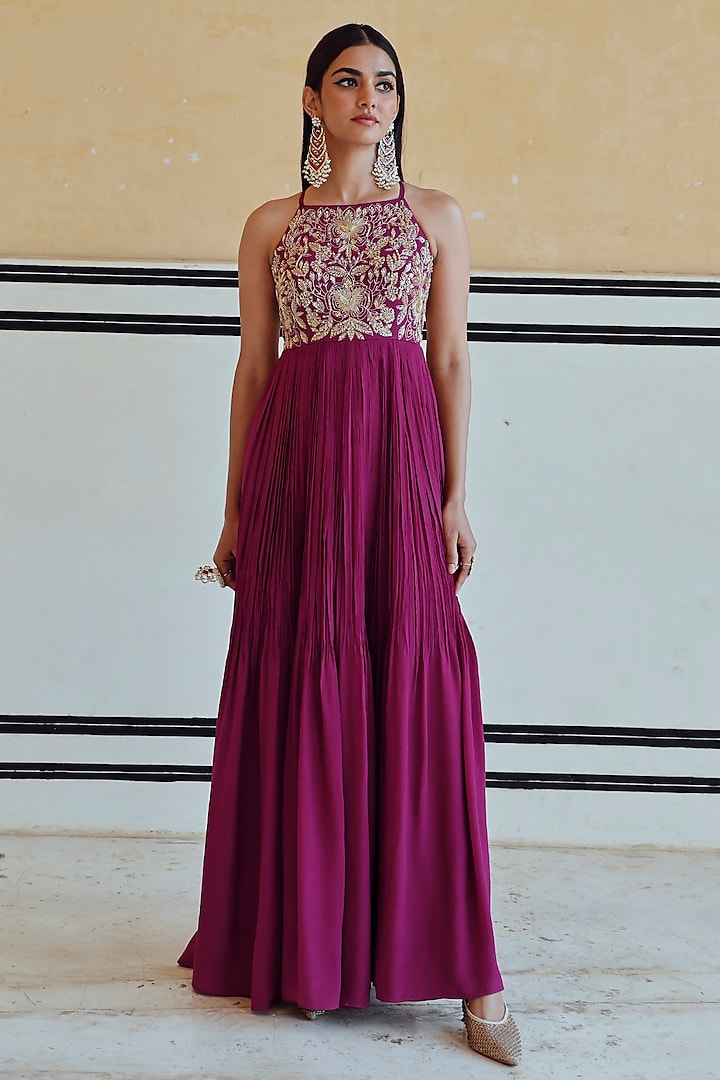 Magenta Pure Crepe Floral Embroidered Wedding Anarkali Set by Ease at Pernia's Pop Up Shop