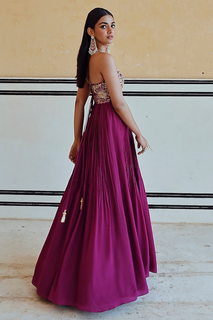 Magenta Pure Crepe Floral Embroidered Wedding Anarkali Set by Ease at Pernia's Pop Up Shop