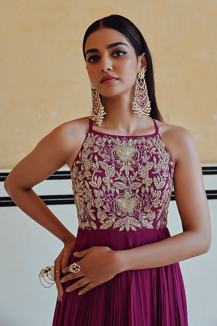Magenta Pure Crepe Floral Embroidered Wedding Anarkali Set by Ease at Pernia's Pop Up Shop