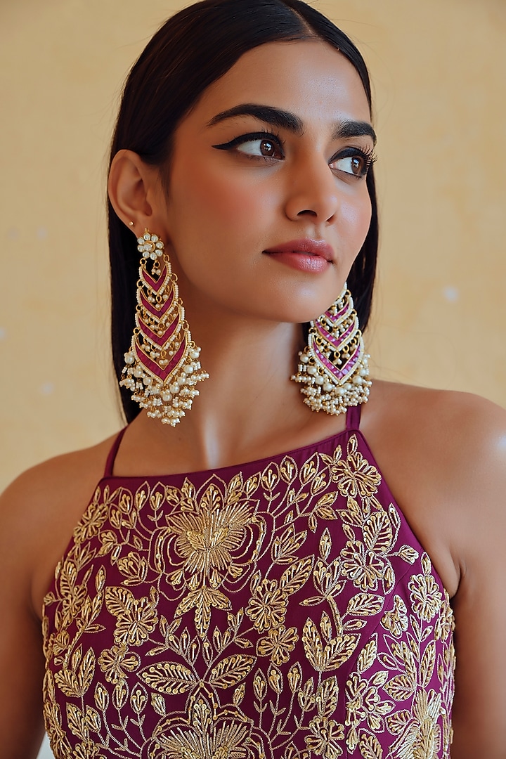 Magenta Pure Crepe Floral Embroidered Wedding Anarkali Set by Ease at Pernia's Pop Up Shop