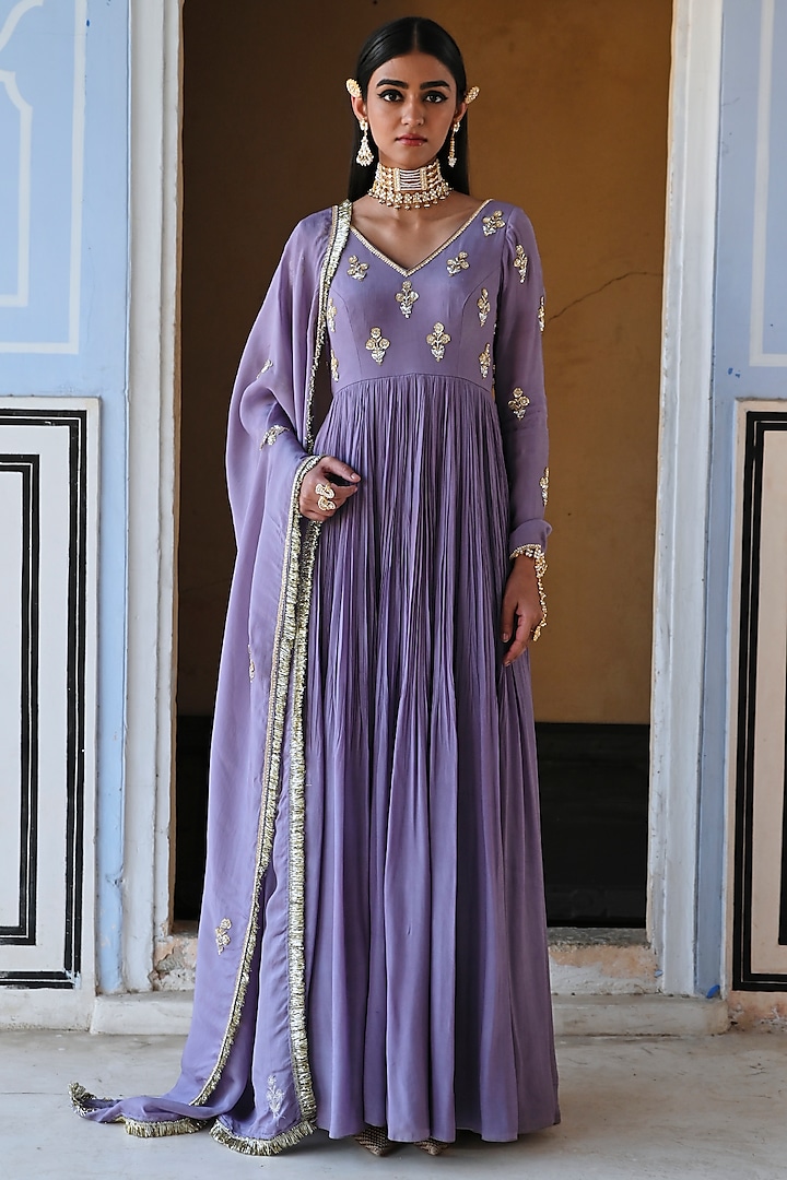 Lilac Pure Crepe Floral Embroidered Wedding Anarkali Set by Ease at Pernia's Pop Up Shop