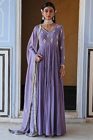 Lilac Pure Crepe Floral Embroidered Anarkali Set by Ease