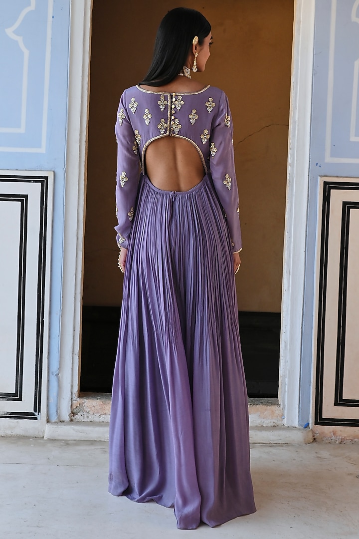 Lilac Pure Crepe Floral Embroidered Wedding Anarkali Set by Ease at Pernia's Pop Up Shop
