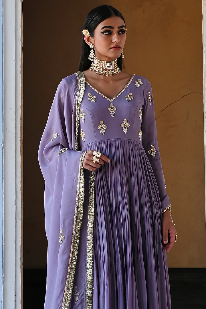 Lilac Pure Crepe Floral Embroidered Wedding Anarkali Set by Ease at Pernia's Pop Up Shop