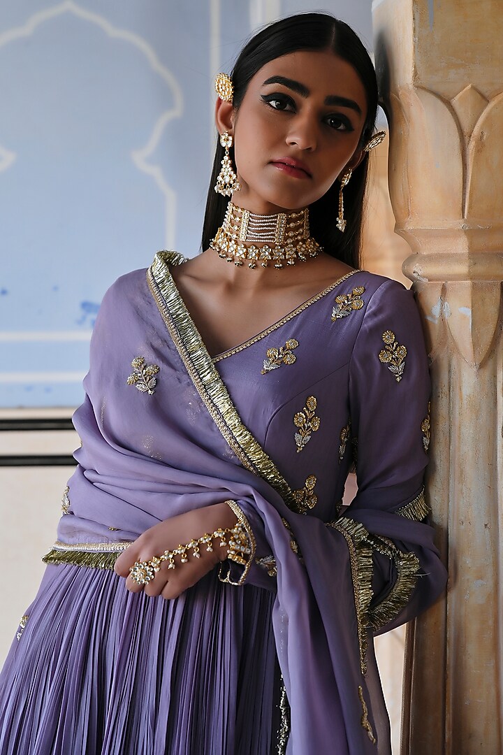 Lilac Pure Crepe Floral Embroidered Wedding Anarkali Set by Ease at Pernia's Pop Up Shop